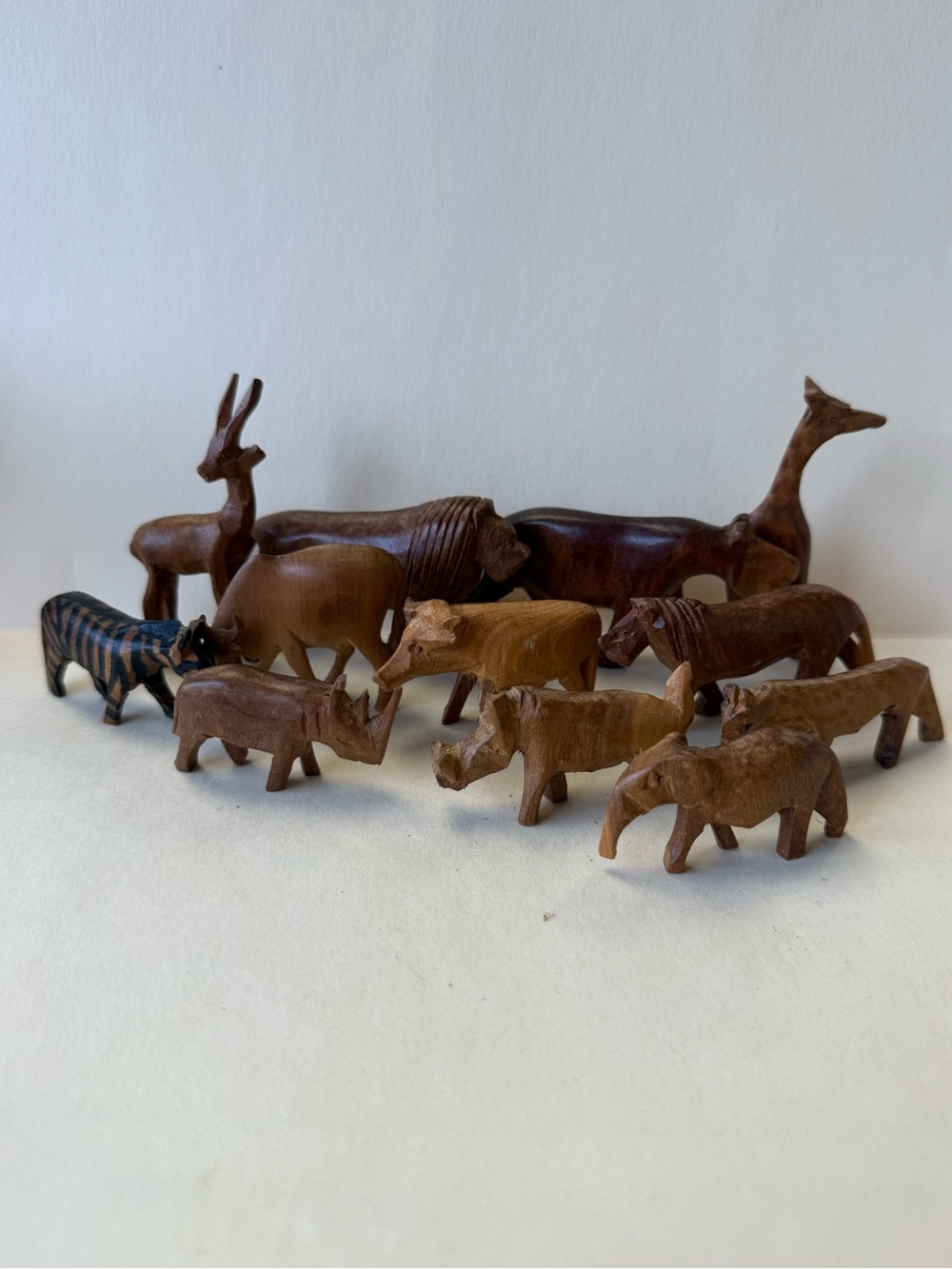 Set of 12 Vintage Hand Carved Wooden African Safari Animals.